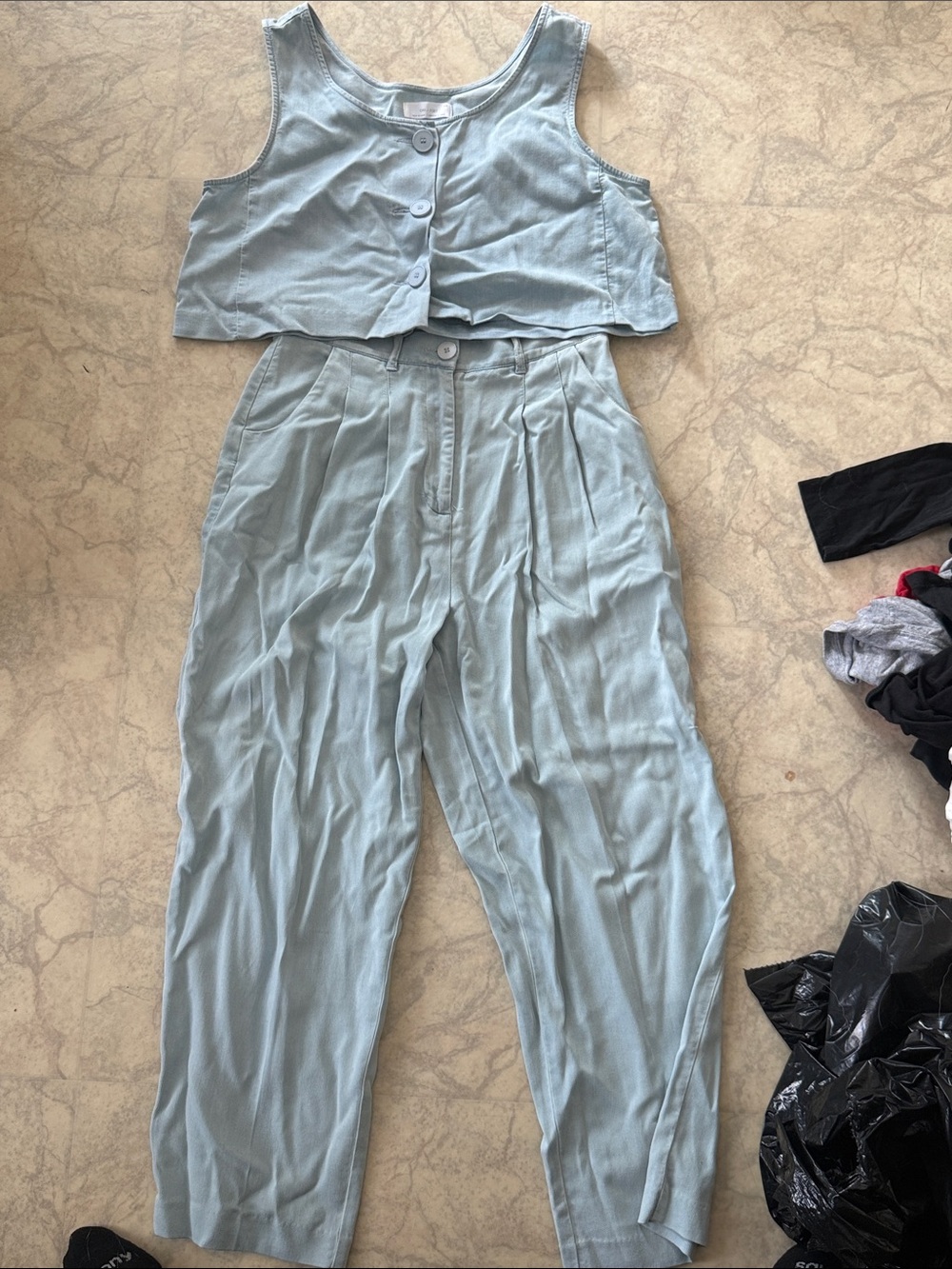 OAK + FORT Pale Blue Cropped Button-Front Jumpsuit Set